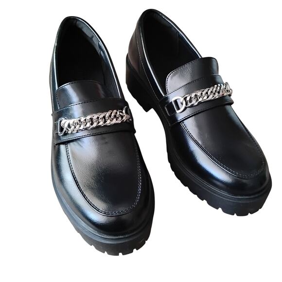 Yetier Platform Loafer Faux Leather Slip On Size 9 Black Chain On Top New In Box - Picture 1 of 8